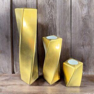 Mid Century Gold Painted Porcelain Candle Stick Holder Votive Set 3 Japan VTG